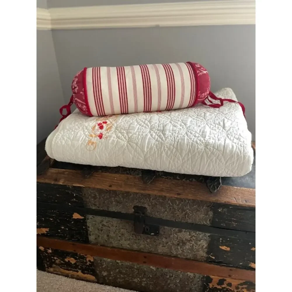 Vintage Red Stripe Bolster Pillow Cottage Farmhouse French Country Decor